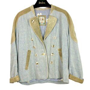 Meindl Blue linen Bavarian jacket embroidery Edelweis Horn Buttons Alpine Dirndl
